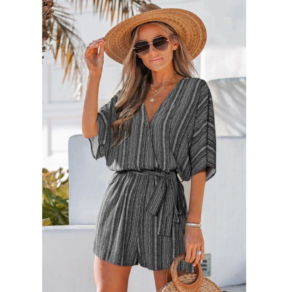 NWT CUPSHE Boho Striped Romper Women's Black White One Piece Shorts Small